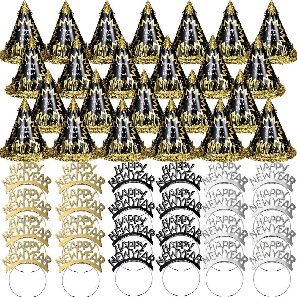 8614 New Year's Eve Party Supplies Includes 24 Black Cone Hats 24 Headbands